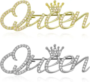2PCS Queen Crown Brooch Pins for Women Fahion Bling Luxury Rhinestone Brooches Pin Gold Silver Set