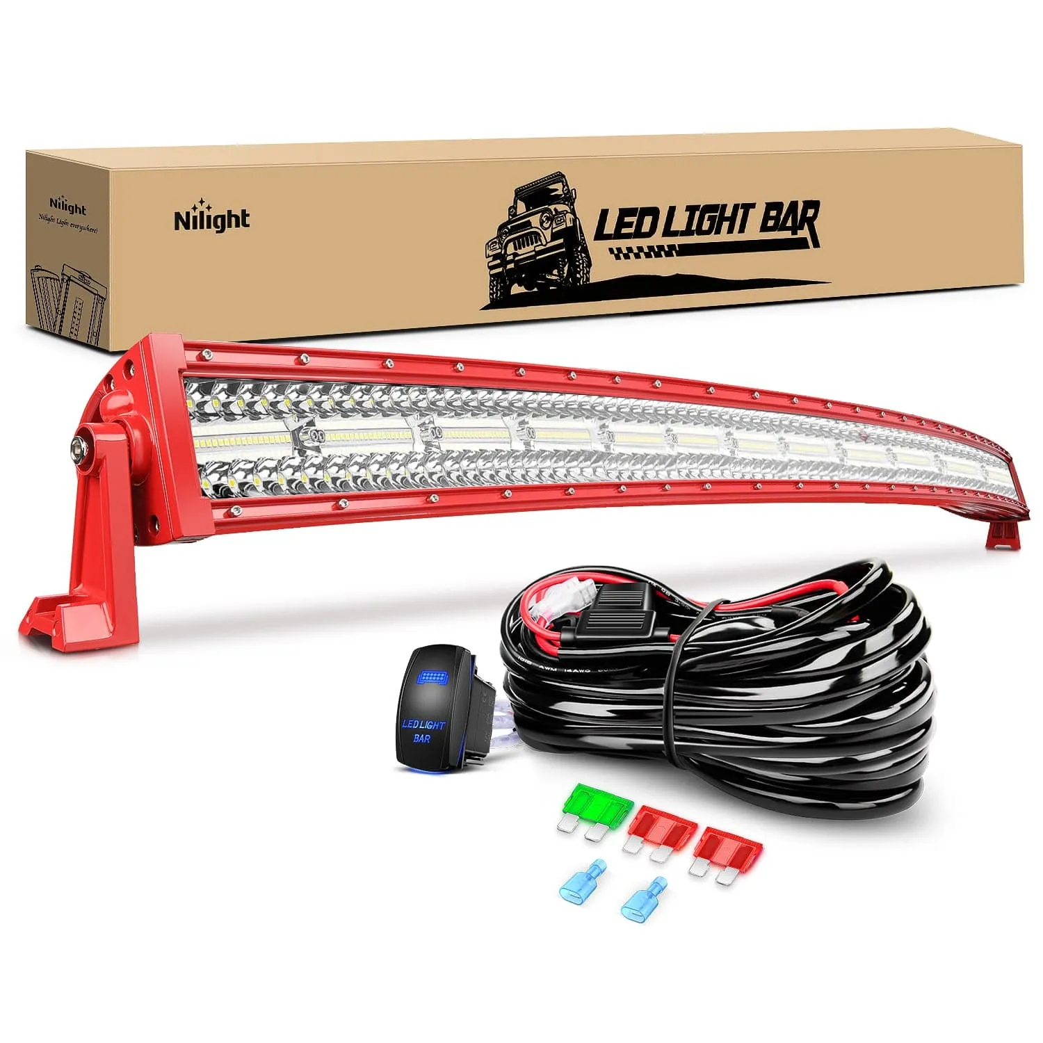 50 Inch Triple Row Red Shell Spot Flood Led Light Bar | 12AWG Wire 5Pin Switch