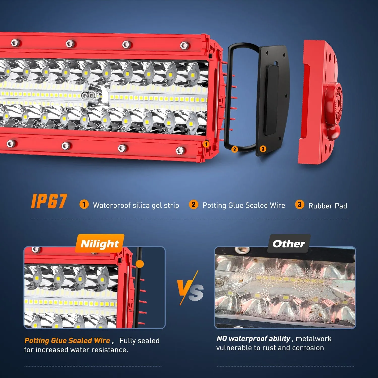 50 Inch Triple Row Red Shell Spot Flood Led Light Bar | 12AWG Wire 5Pin Switch