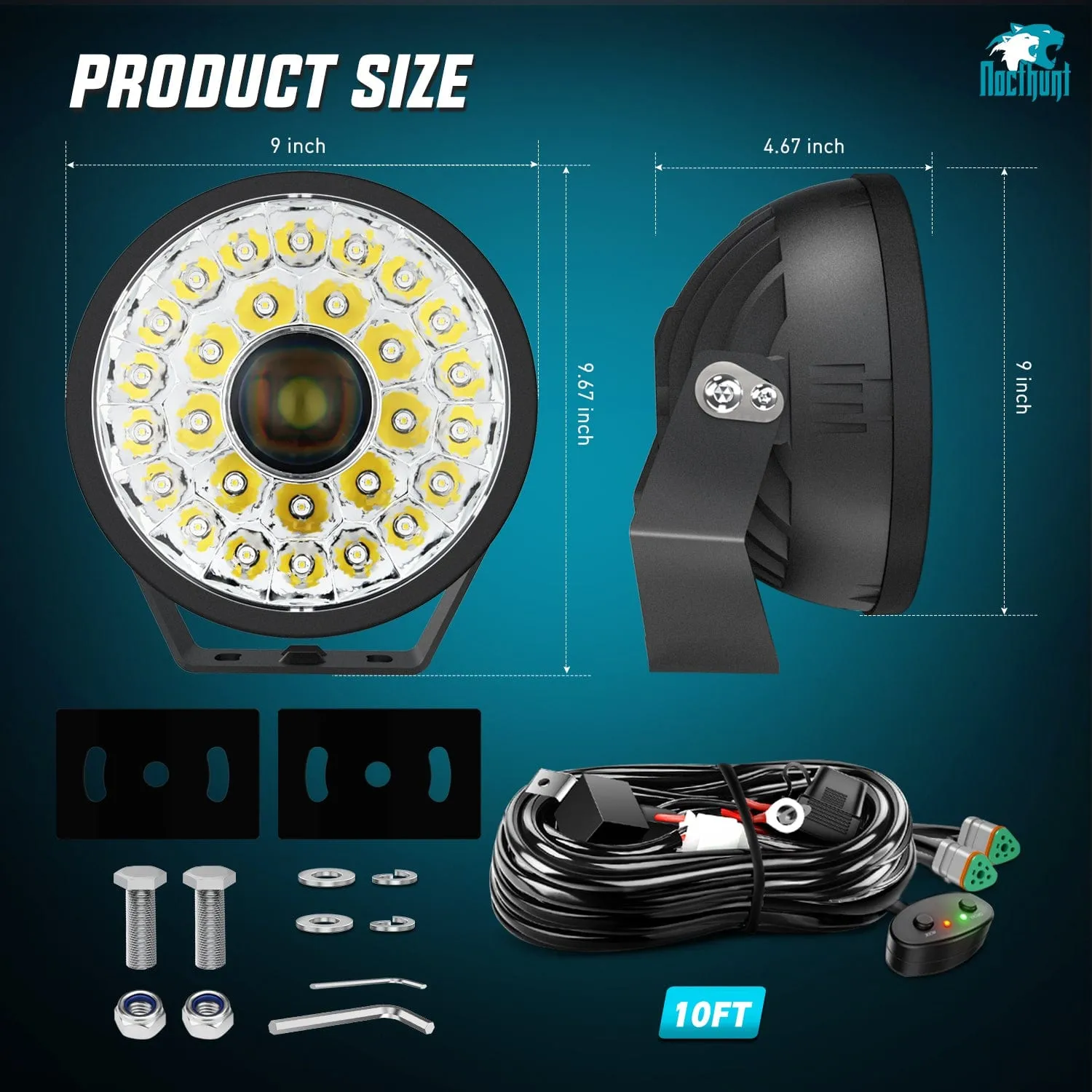 9Inch 160W Round Offroad Light Hyper Spot Beam Work Light (Pair) | 12 AWG DT Connector Wiring Harness Kit