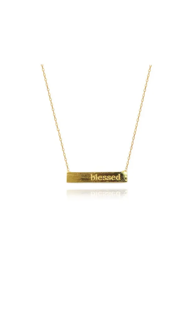 BJNA001GD Gold "Blessed" Engraved Bar Pendant Necklace