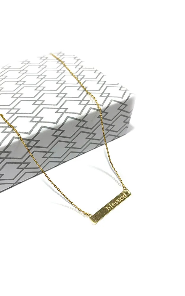 BJNA001GD Gold "Blessed" Engraved Bar Pendant Necklace