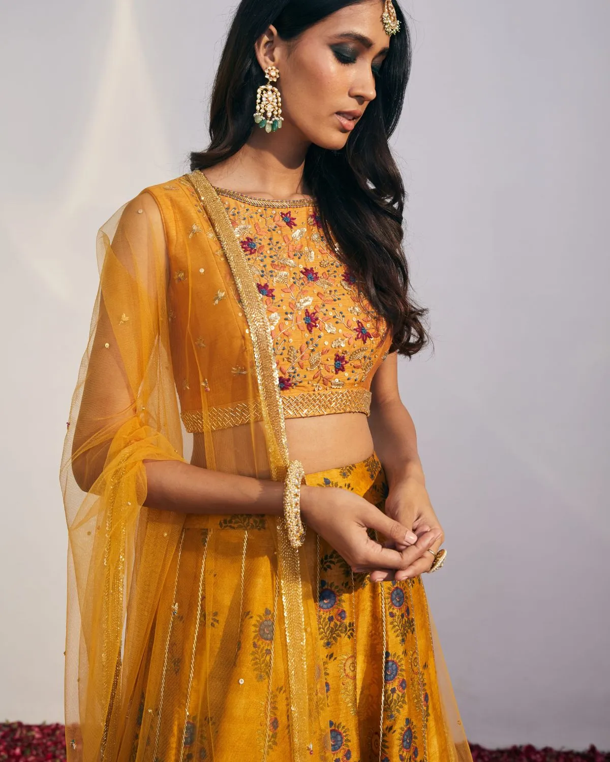 Mustard Printed Kalidar Lehenga Set
