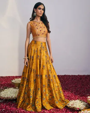 Mustard Printed Kalidar Lehenga Set