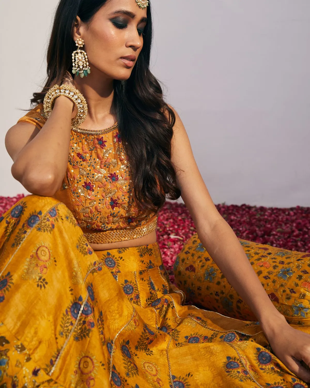 Mustard Printed Kalidar Lehenga Set
