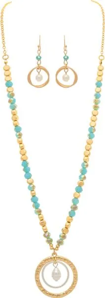 Rain Jewelry Two-Tone Green Rings Glass Bead And Nuggets Necklace Set