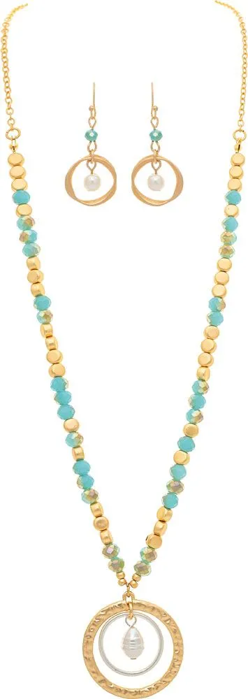 Rain Jewelry Two-Tone Green Rings Glass Bead And Nuggets Necklace Set