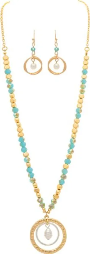 Rain Jewelry Two-Tone Green Rings Glass Bead And Nuggets Necklace Set