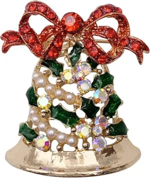 SELOVO Bell Multicolor Crystal Rhinestone Red Enamel Green Brooch Pin Christmas Accessory Gold Tone