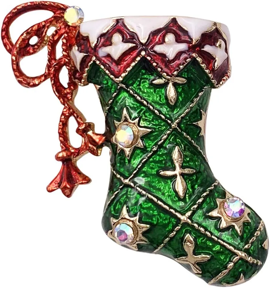 SELOVO Boot Green Red Enamel Brooch Pin Christmas Accessory Gold Tone