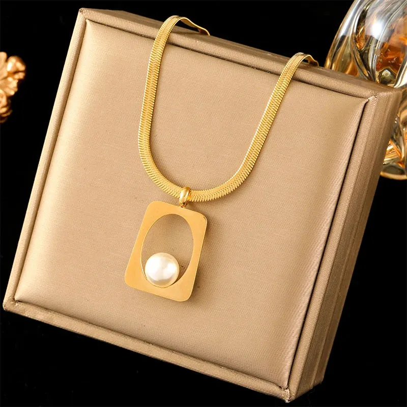 Stainless Steel Geometric Pearl Necklace Earrings Jewelry Set