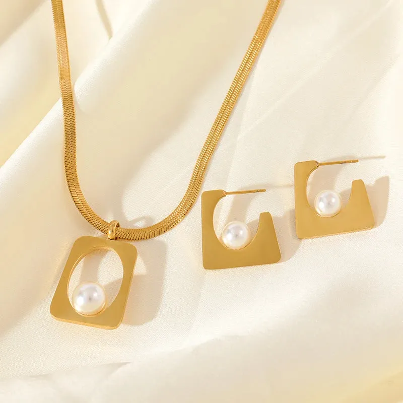 Stainless Steel Geometric Pearl Necklace Earrings Jewelry Set