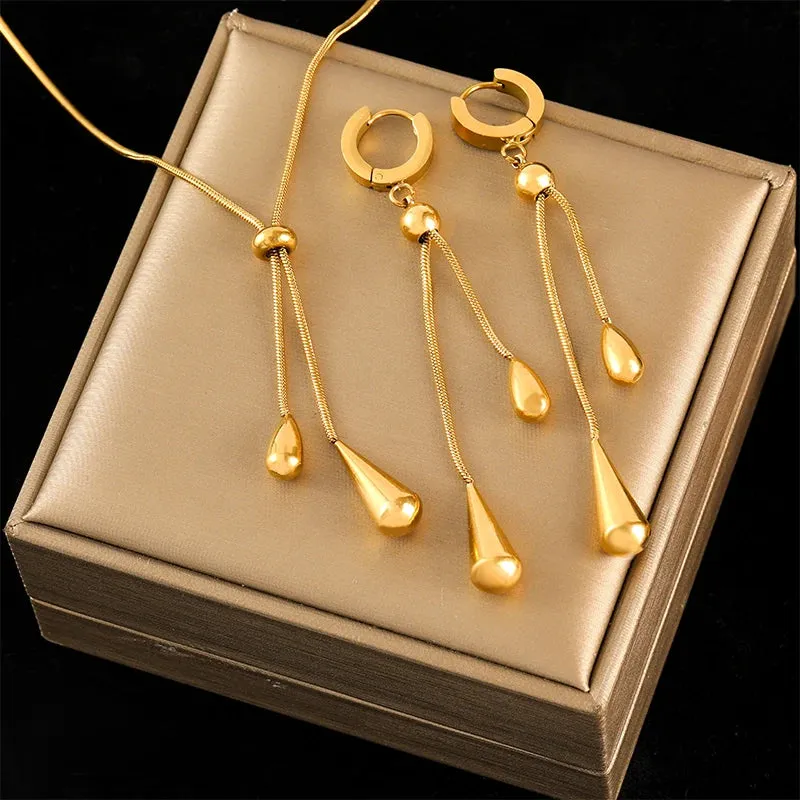 Stainless Steel Geometric Pearl Necklace Earrings Jewelry Set