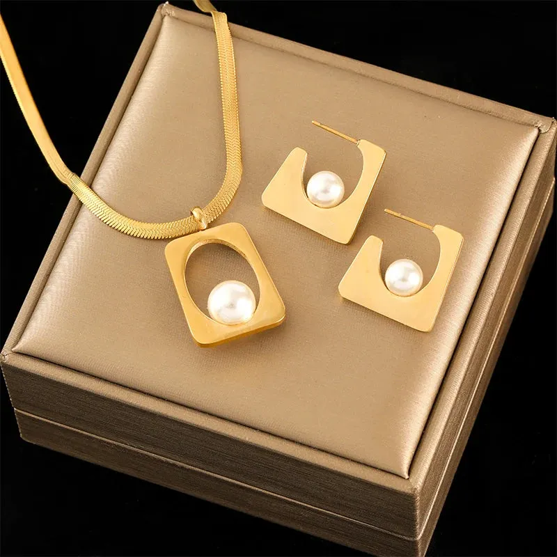 Stainless Steel Geometric Pearl Necklace Earrings Jewelry Set