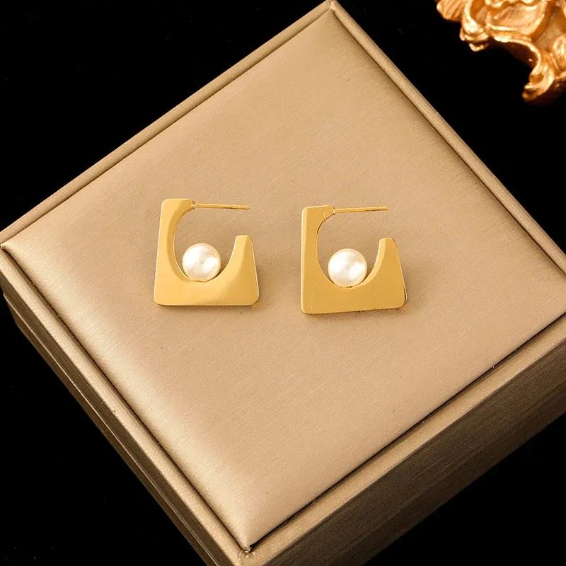 Stainless Steel Geometric Pearl Necklace Earrings Jewelry Set