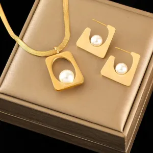 Stainless Steel Geometric Pearl Necklace Earrings Jewelry Set